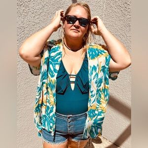 New. Teal, yellow white palm leaf design kimono/ coverup. Can tie in front
